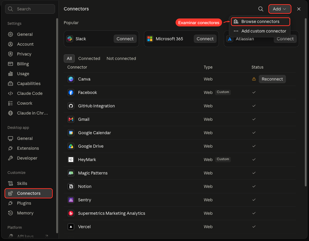 Pantalla de conectores de Claude con el botón Add abierto y la opción Browse connectors marcada en rojo