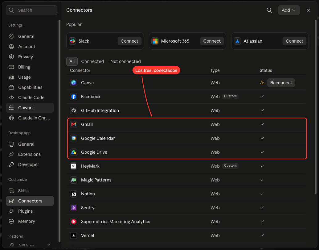 Lista de conectores de Claude con Gmail, Google Drive y Google Calendar ya conectados