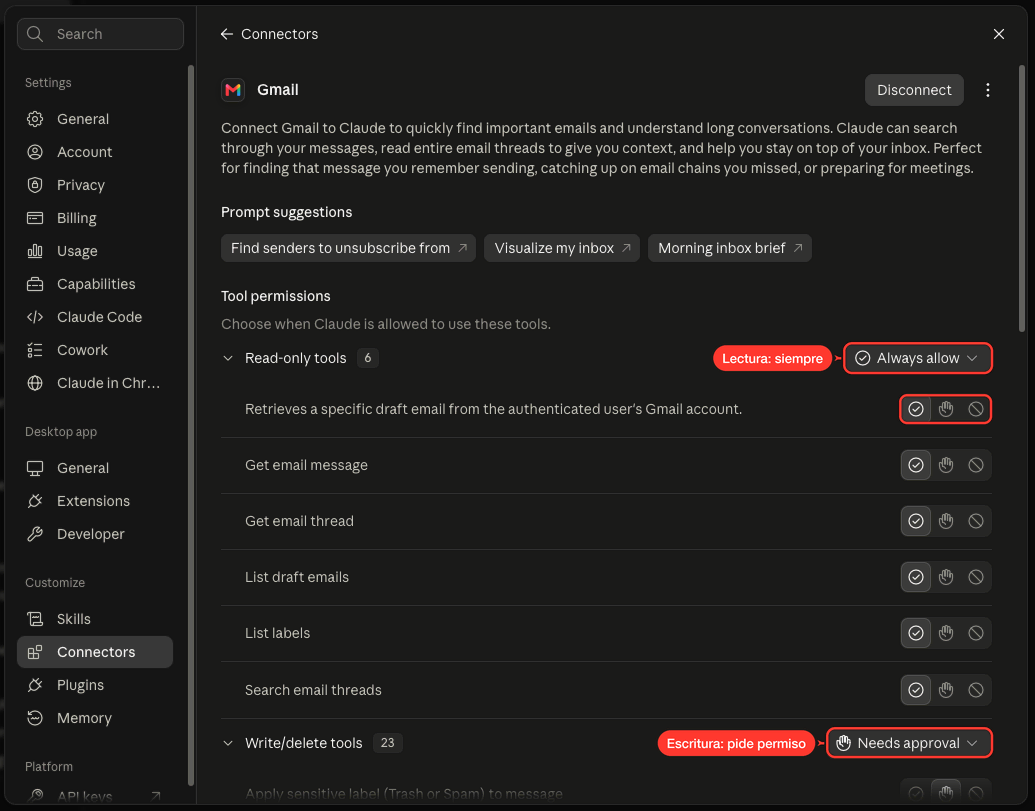 Panel de permisos de herramientas de un conector, con cada acción configurable en permitir siempre, requiere aprobación o bloqueado